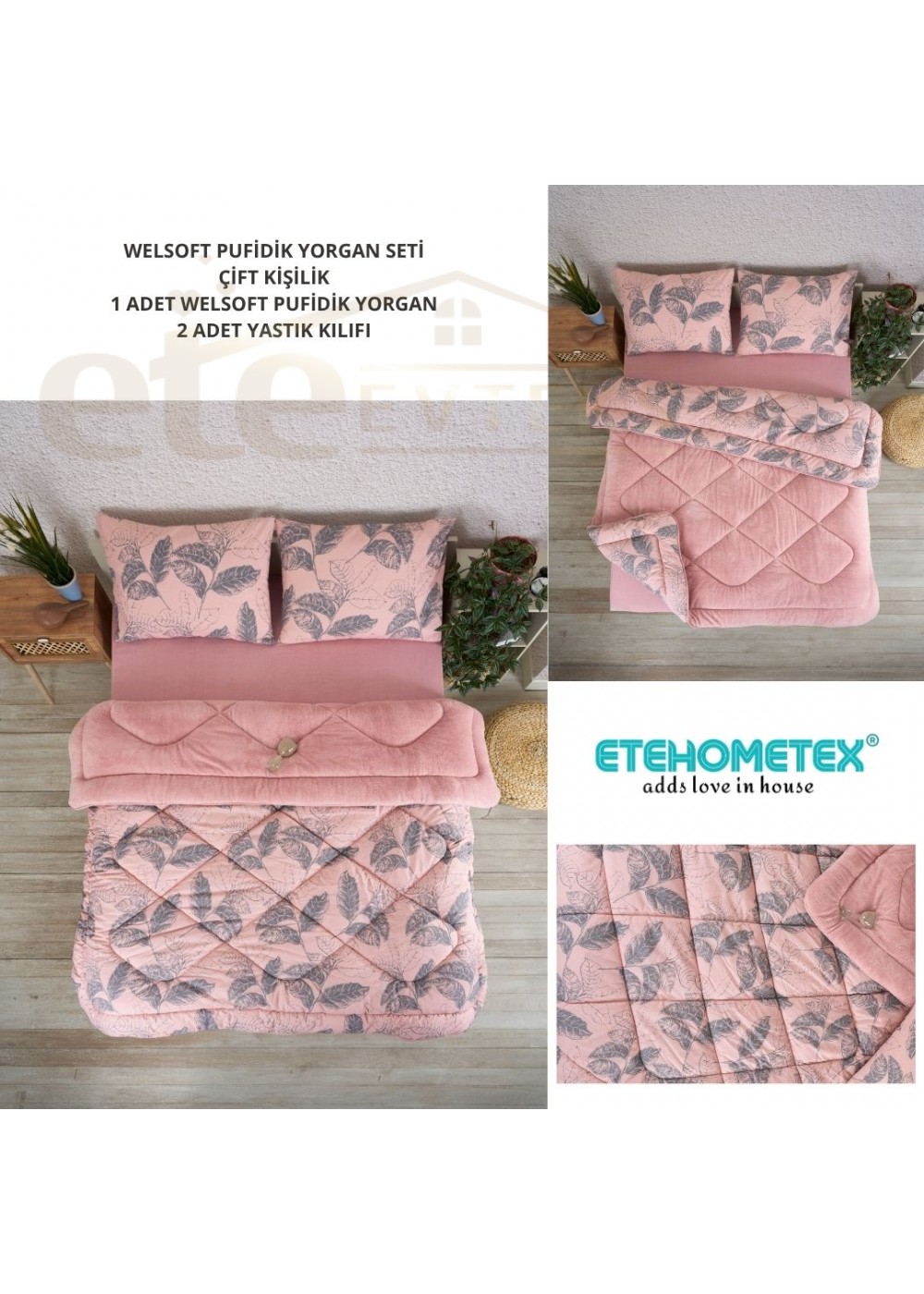 ETE HOMETEX ÇİFT KİŞİLİK LÜX WELSOFT YORGAN SETİ 195X215CM ARİNA PUDRA 8696474231889